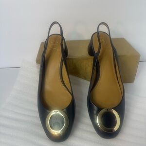 Tory Burch Black Slingback Heels with Gold Detail
